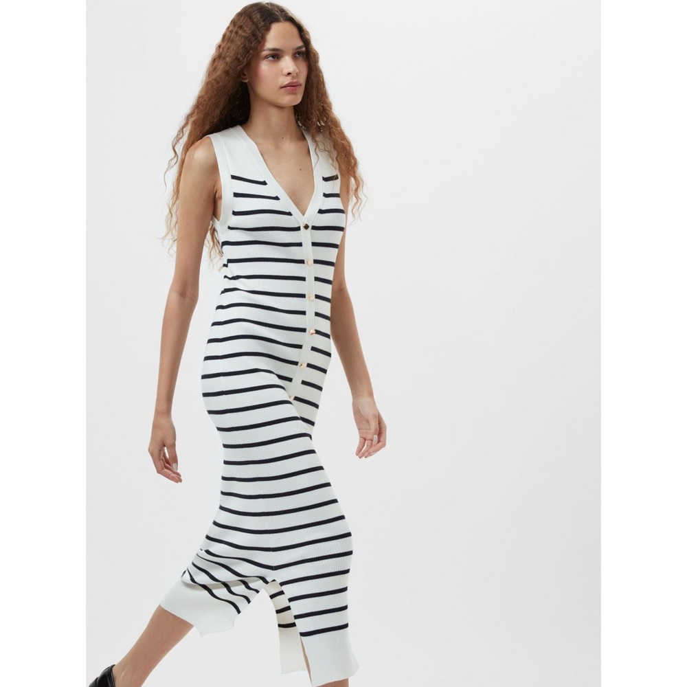 French Connection White and Black Striped Sleeveless Midi Dress